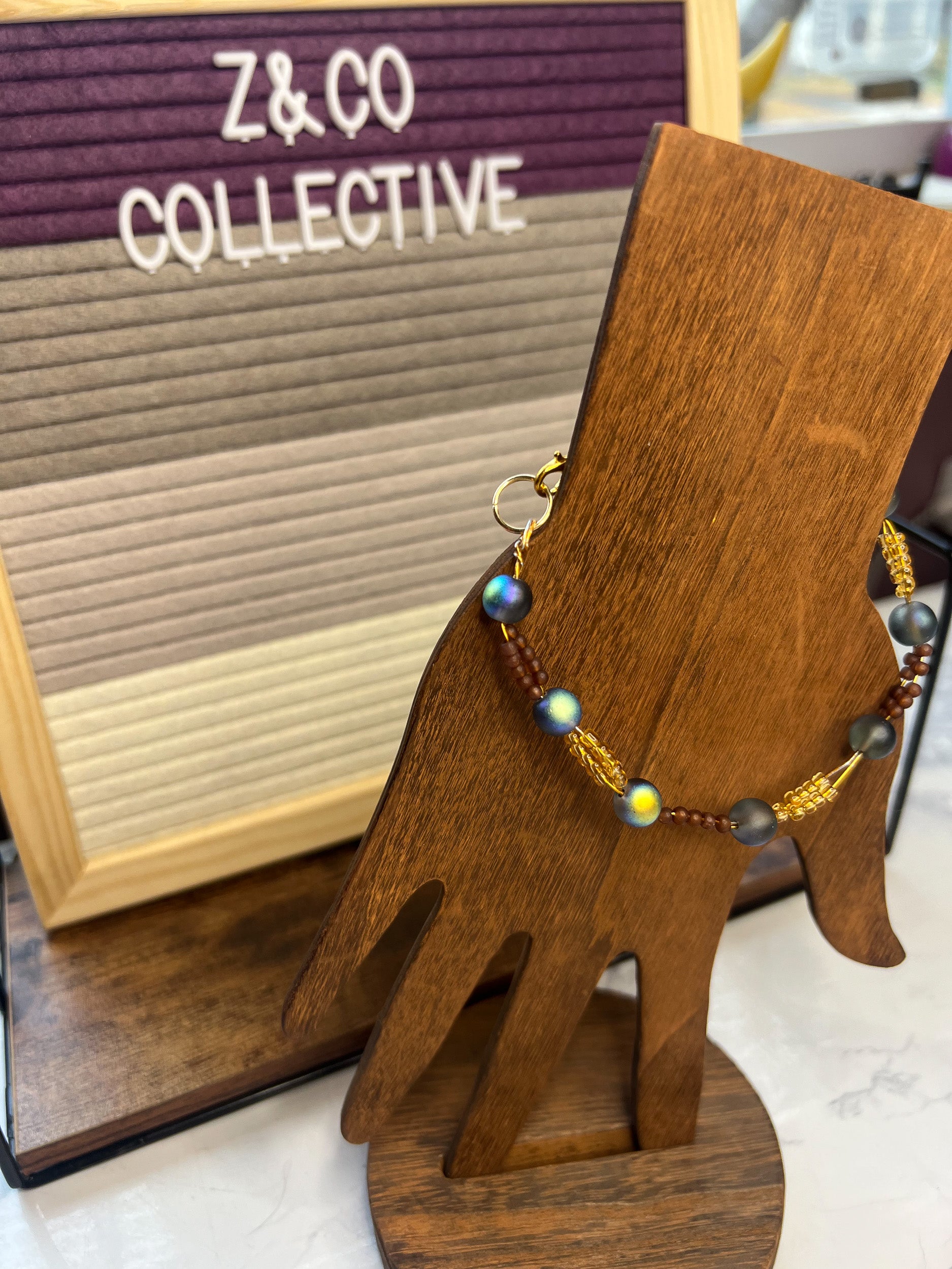 Blue Glass & Seed Bead Wire Bracelet